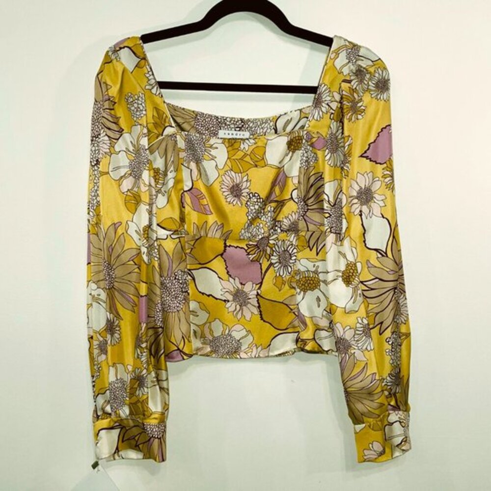 New Sandro Ginger 100% Silk Floral Blouse Chartreuse Medium $340 - Picture 2 of 9
